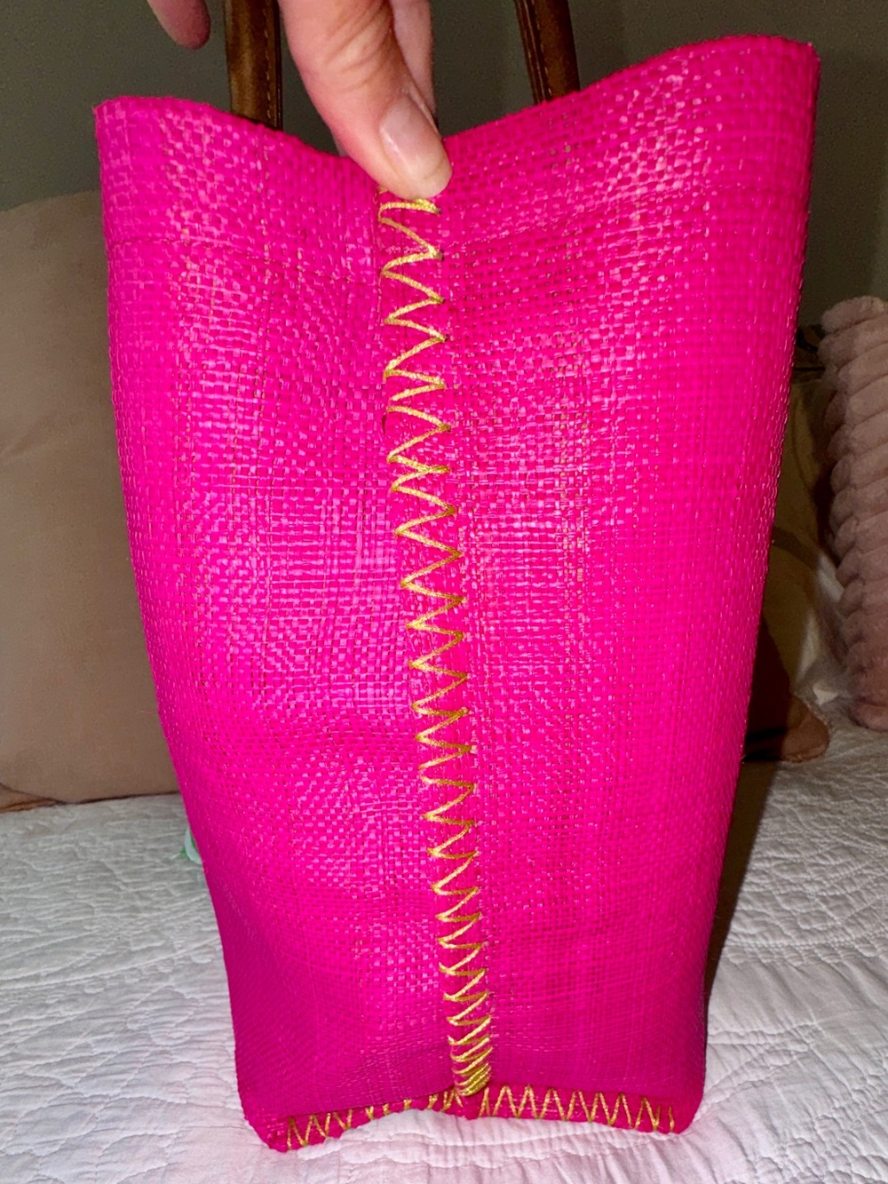 Lilly Pulitzer for Target Hot Pink Straw Tote with Brown Handles & Green Scarf - Picture 4 of 7